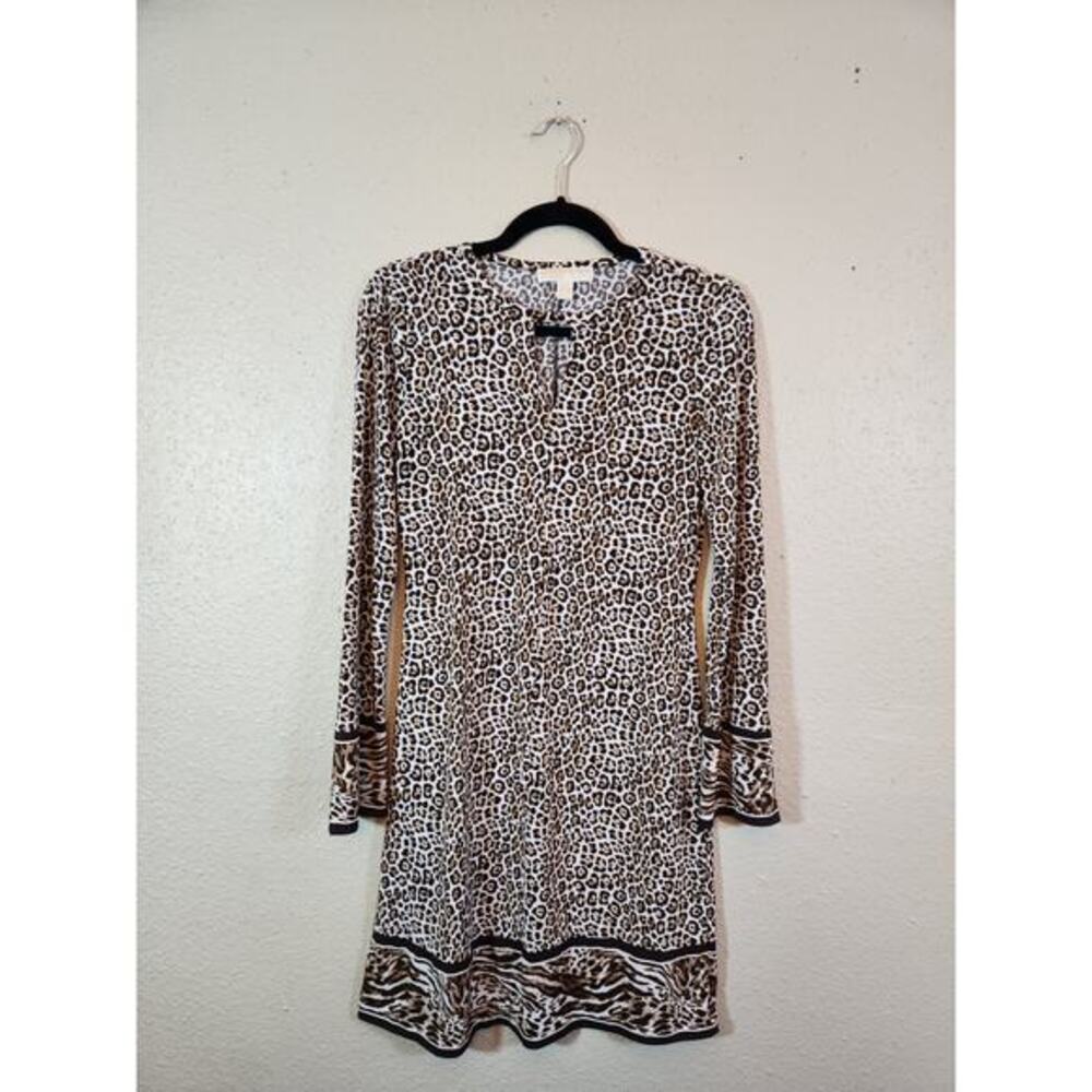 Michael Kors Women Leopard Print Round Neck Long Sleeve Shift Midi Dress Size XS